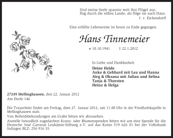 Traueranzeige von Hans Tinnemeier von KREISZEITUNG SYKE