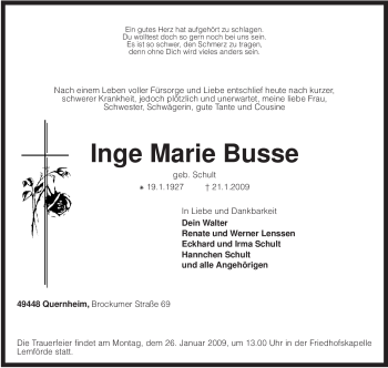 Traueranzeige von Inge Marie Busse von KREISZEITUNG SYKE