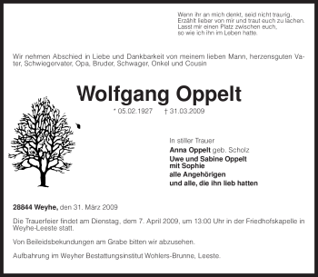 Traueranzeige von Wolfgang Oppelt von KREISZEITUNG SYKE