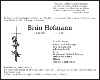 Traueranzeige von Brün Hofmann von KREISZEITUNG SYKE