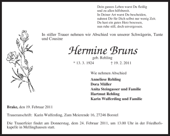 Traueranzeige von Hermine Bruns von KREISZEITUNG SYKE