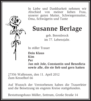 Traueranzeige von Susanne Berlage von KREISZEITUNG SYKE