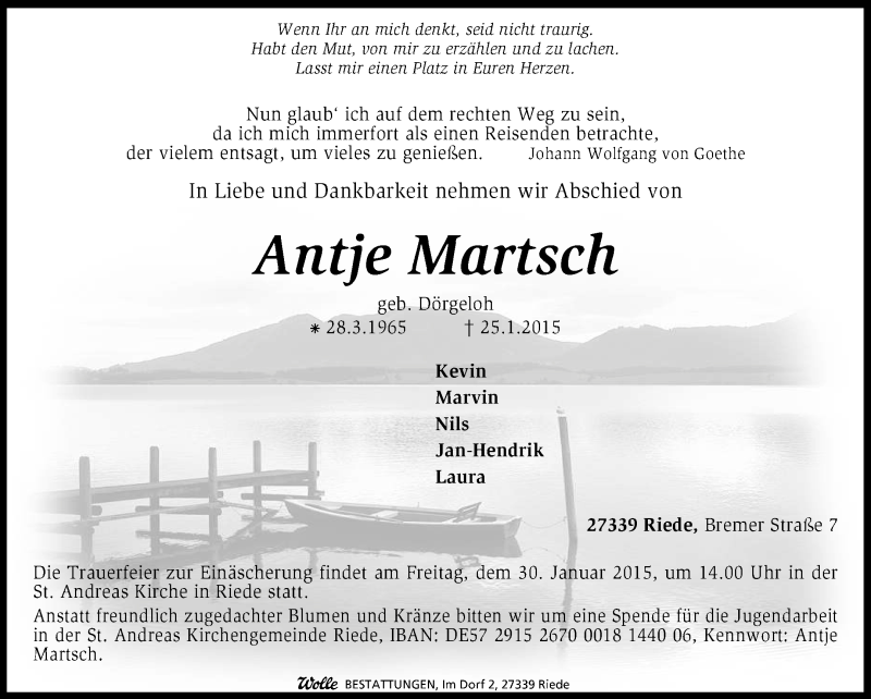  Traueranzeige für Antje Martsch vom 27.01.2015 aus KRZ