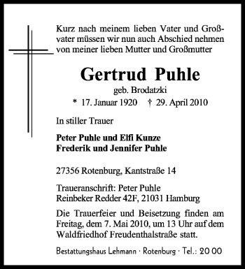 Traueranzeige von Gertrud Puhle von KREISZEITUNG SYKE