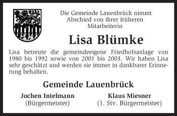 Traueranzeige von Lisa Blümke von KRZ