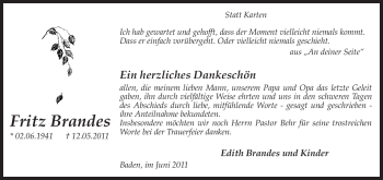 Traueranzeige von Fritz Brandes von KREISZEITUNG SYKE