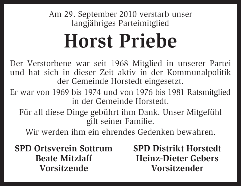  Traueranzeige für Horst Priebe vom 02.10.2010 aus KREISZEITUNG SYKE