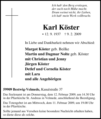 Traueranzeige von Karl Köster 