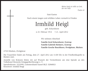 Traueranzeige von Irmhild Heigl von KREISZEITUNG SYKE