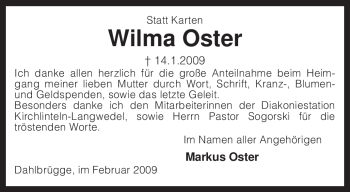 Traueranzeige von Wilma Oster von KREISZEITUNG SYKE