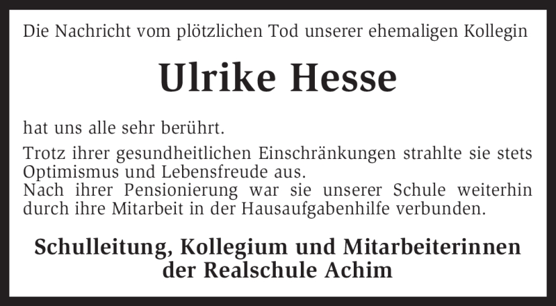  Traueranzeige für Ulrike Hesse vom 22.11.2011 aus KREISZEITUNG SYKE