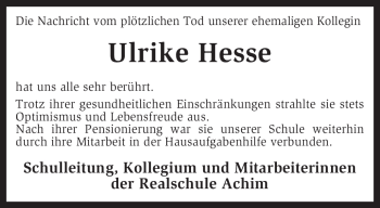 Traueranzeige von Ulrike Hesse von KREISZEITUNG SYKE