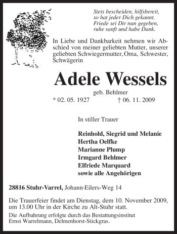 Traueranzeige von Adele Wessels von KREISZEITUNG SYKE