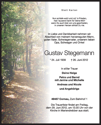 Traueranzeige von Gustav Stegemann von KREISZEITUNG SYKE