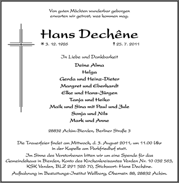 Traueranzeige von Hans Dechene von KREISZEITUNG SYKE