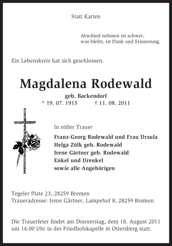 Traueranzeige von Magdalena Rodewald von KREISZEITUNG SYKE