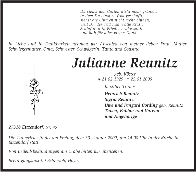 Traueranzeige für Julianne Reunitz vom 28.01.2009 aus KREISZEITUNG SYKE