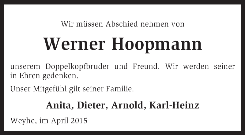  Traueranzeige für Werner Hoopmann vom 30.04.2015 aus KRZ