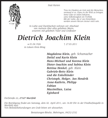 Traueranzeige von Dietrich Joachim Klein von KREISZEITUNG SYKE