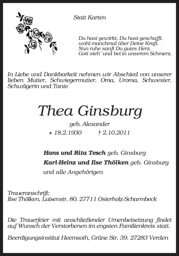 Traueranzeige von Thea Ginsburg von KREISZEITUNG SYKE