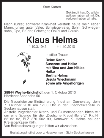 Traueranzeige von Klaus Helms von KREISZEITUNG SYKE