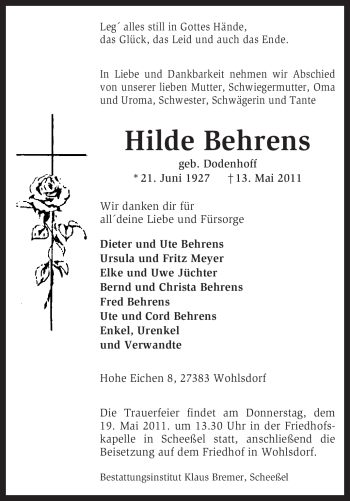 Traueranzeige von Hilde Behrens von KREISZEITUNG SYKE