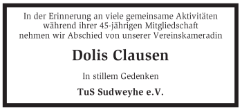 Traueranzeige von Dolis Clausen von KREISZEITUNG SYKE