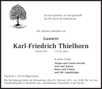 Traueranzeige von Karl-Friedrich Thielhorn von KREISZEITUNG SYKE