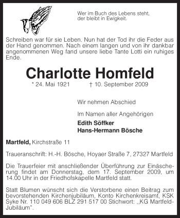 Traueranzeige von Charlotte Homfeld von KREISZEITUNG SYKE