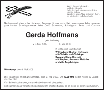 Traueranzeige von Gerda Hoffmans von KREISZEITUNG SYKE