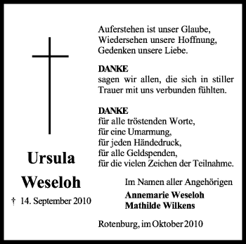 Traueranzeige von Ursula Weseloh von KREISZEITUNG SYKE