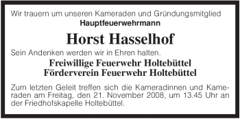 Traueranzeige von Horst Hasselhof von KREISZEITUNG SYKE