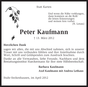 Traueranzeige von Peter Kaufmann von KREISZEITUNG SYKE