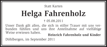 Traueranzeige von Helga Fahrenholz von KREISZEITUNG SYKE