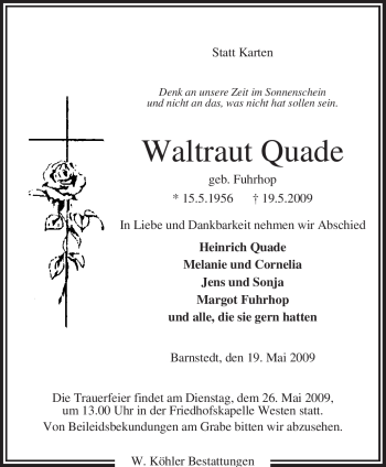 Traueranzeige von Waltraut Quade von KREISZEITUNG SYKE