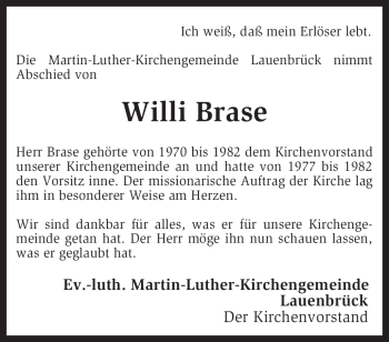 Traueranzeige von Willi Brase von KREISZEITUNG SYKE