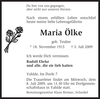 Traueranzeige von Maria Ölke von KREISZEITUNG SYKE