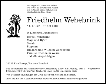 Traueranzeige von Friedhelm Wehebrink 