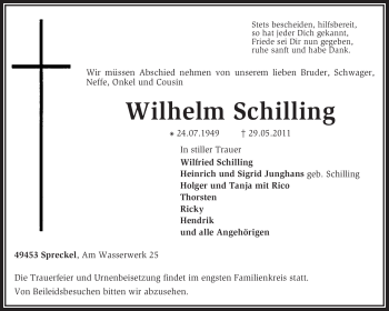 Traueranzeige von Wilhelm Schilling von KREISZEITUNG SYKE