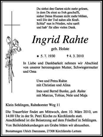 Traueranzeige von Ingrid Rahte von KREISZEITUNG SYKE