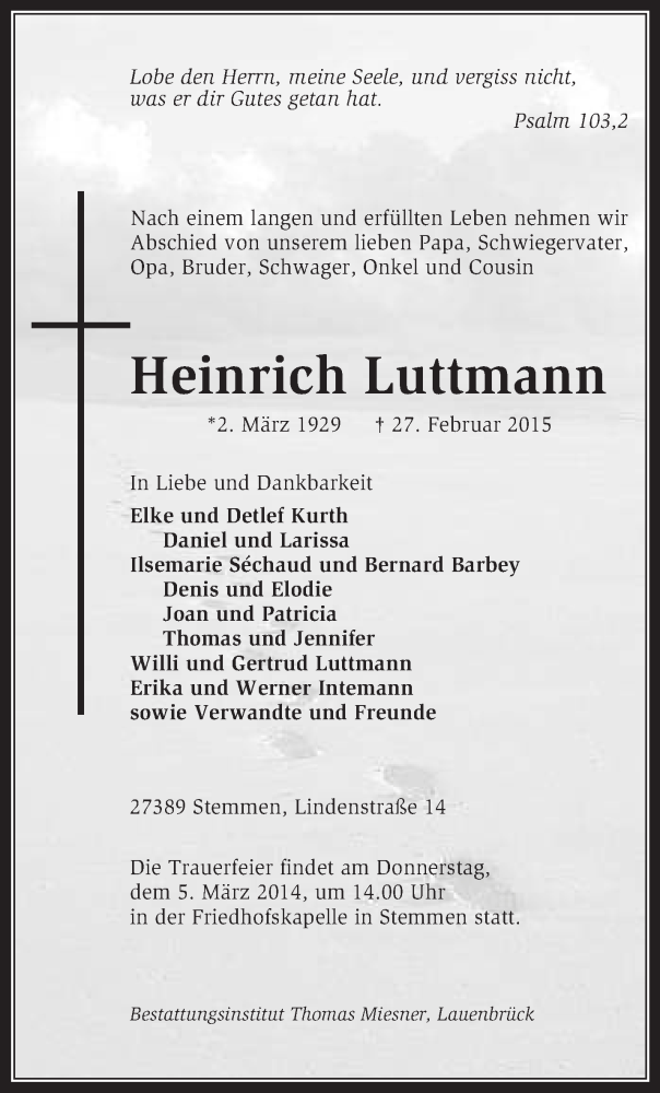  Traueranzeige für Heinrich Luttmann vom 02.03.2015 aus KRZ