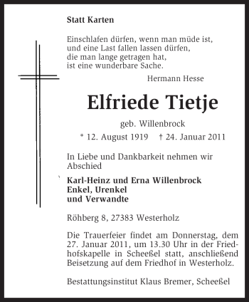 Traueranzeige von Elfriede Tietje von KREISZEITUNG SYKE