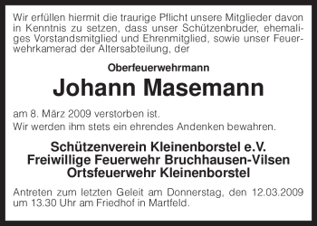 Traueranzeige von Johann Masemann von KREISZEITUNG SYKE