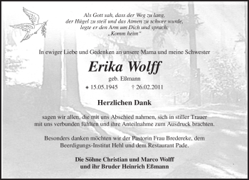 Traueranzeige von Erika Wolff von KREISZEITUNG SYKE