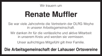 Traueranzeige von Renate Muffler von KREISZEITUNG SYKE