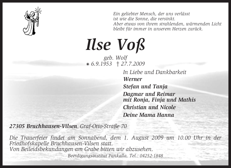  Traueranzeige für Ilse Voß vom 29.07.2009 aus KREISZEITUNG SYKE