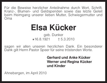 Traueranzeige von Elsa Kücker von KREISZEITUNG SYKE