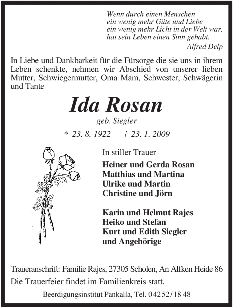  Traueranzeige für Ida Rosan vom 26.01.2009 aus KREISZEITUNG SYKE