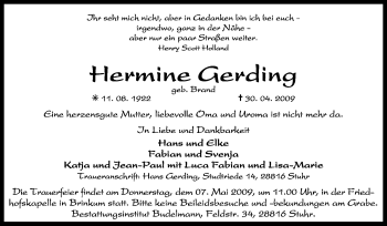 Traueranzeige von Hermine Gerding von KREISZEITUNG SYKE