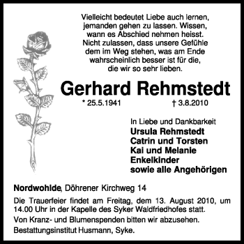 Traueranzeige von Gerhard Rehmstedt von KREISZEITUNG SYKE